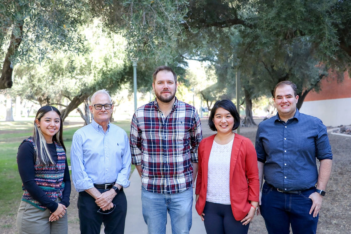 Image of Roberta Gracia AMP student, Professor Gary Thompson, Brian McGreal AMP alum, Professor Na Zuo, and Joe Bronstein AMP student ambassador.